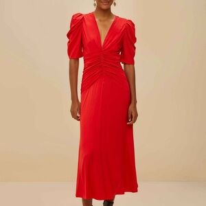 FARM Rio Red Gathered Midi Dress